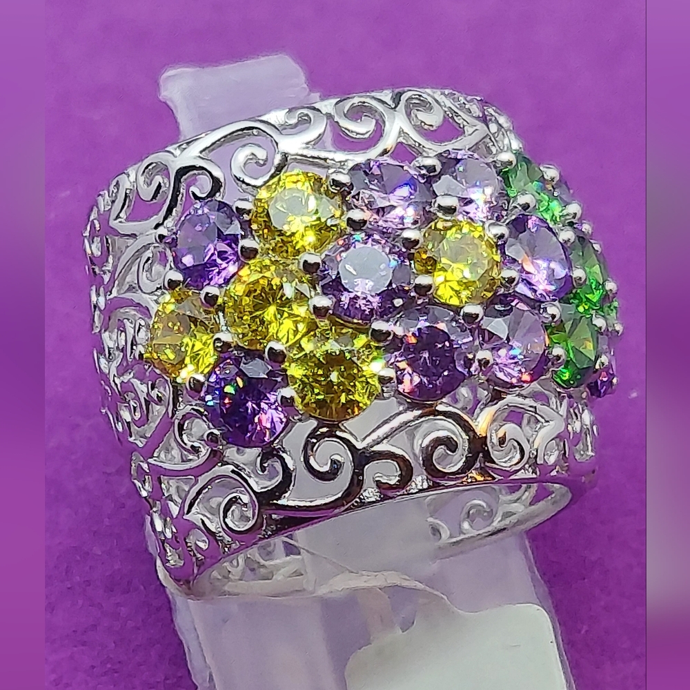 2477887-2. Multicolor Simulated Gem Platinum Bonded Brass Ring, Size 6